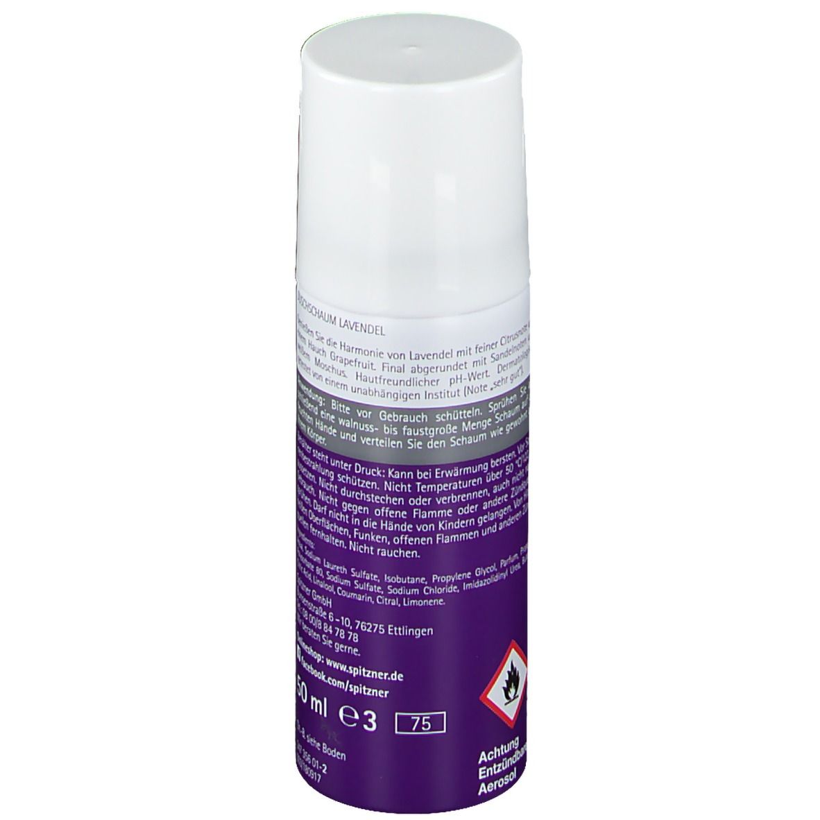 Rückseite der Sprühflasche mit Text. Enthält Informationen zur Anwendung und Inhaltsstoffe. Marke Spitzner. 50 ml.