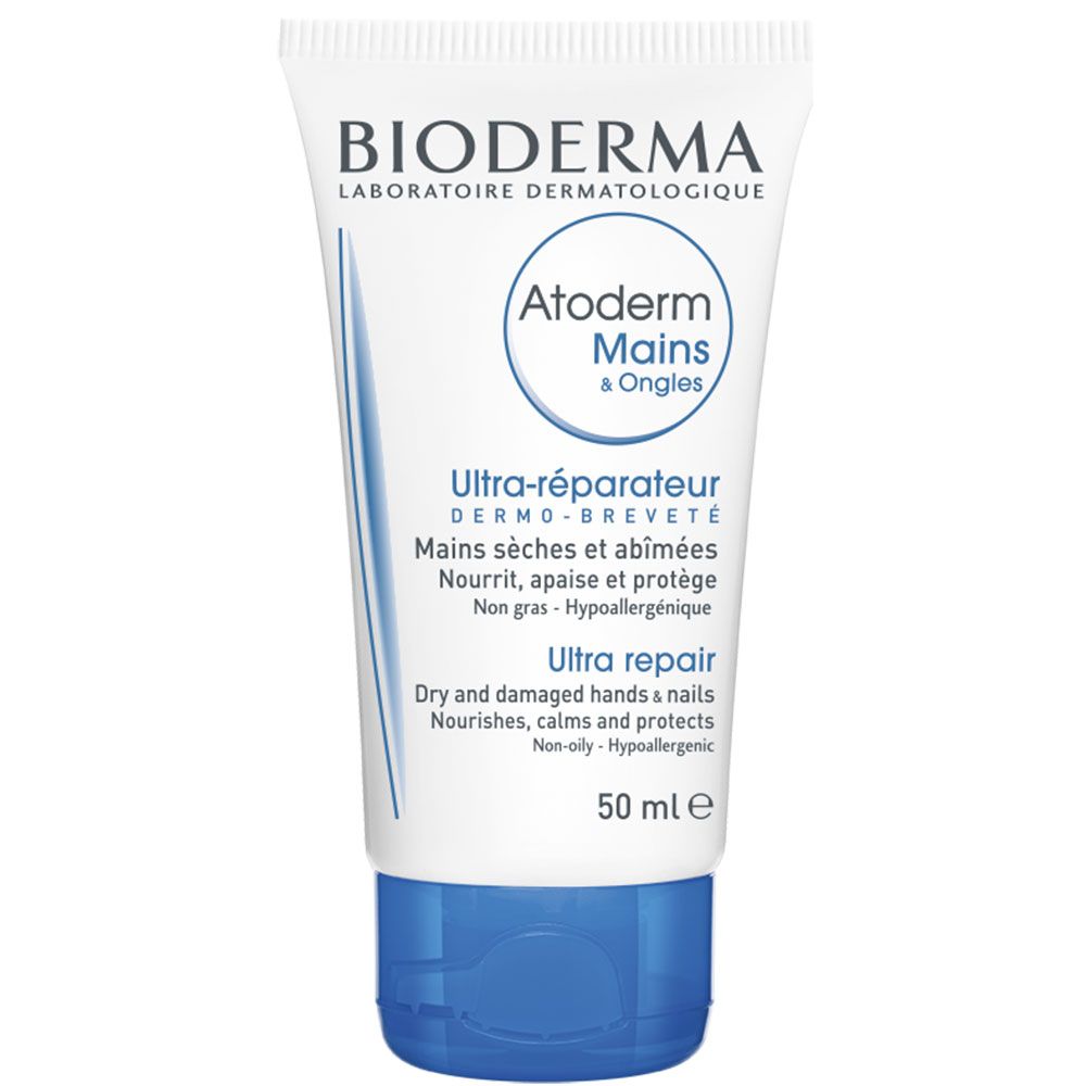 Creme-Tube. BIODERMA Atoderm Mains Handcreme. Blaue Kappe. Text: Ultra-réparateur, Mains sèches et abîmées. 50 ml.