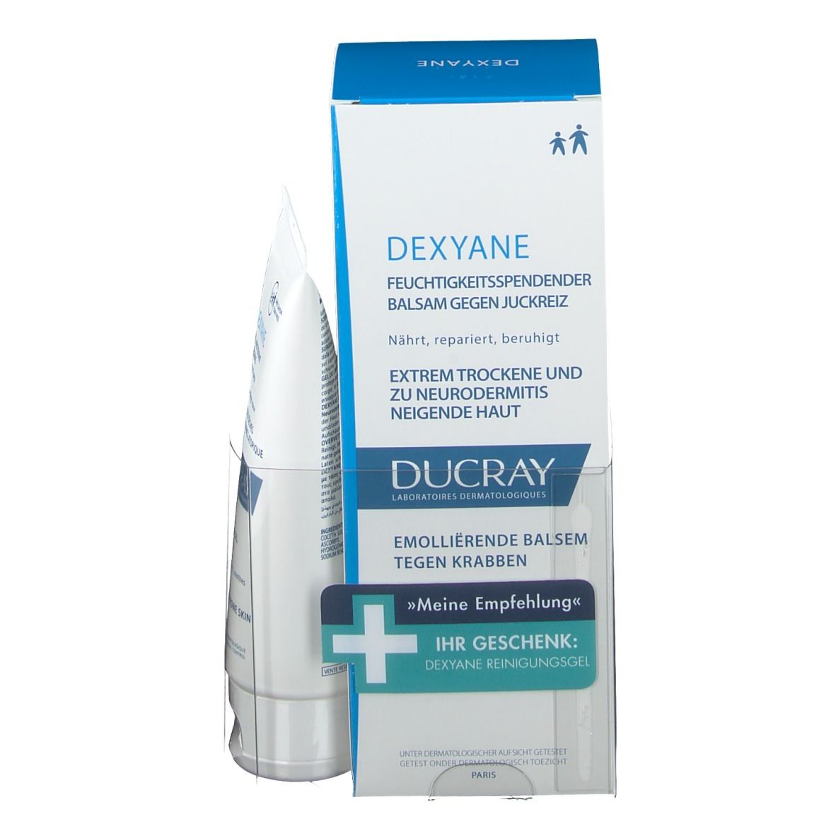 DEXYANE Feuchtigkeitspendender Balsam gegen Juckreiz. Tube und Verpackung. Enthält DUCRAY Logo und Text.