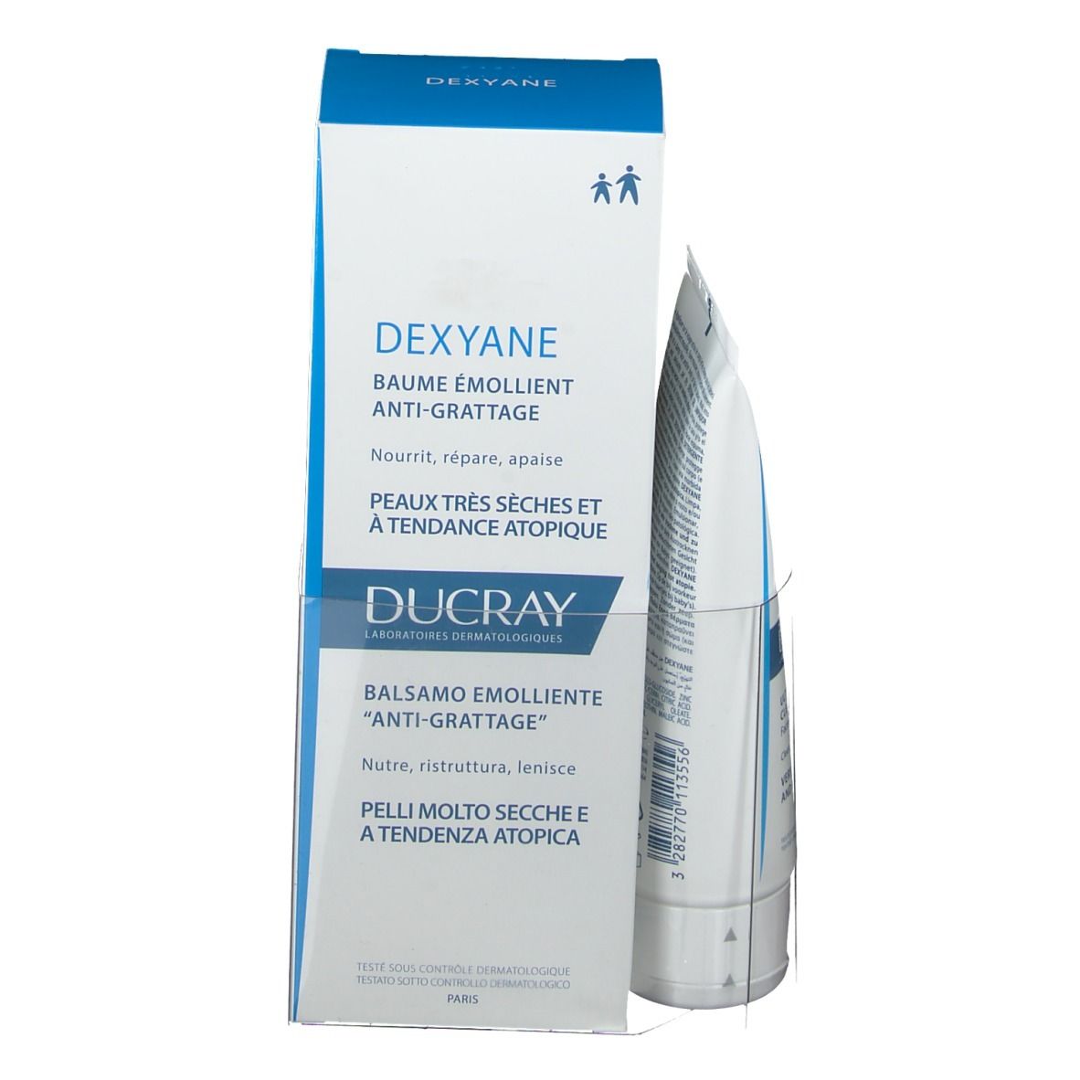 DEXYANE Balsam, Tube und Verpackung. Enthält DUCRAY Logo und Text. Französische und italienische Beschriftung.