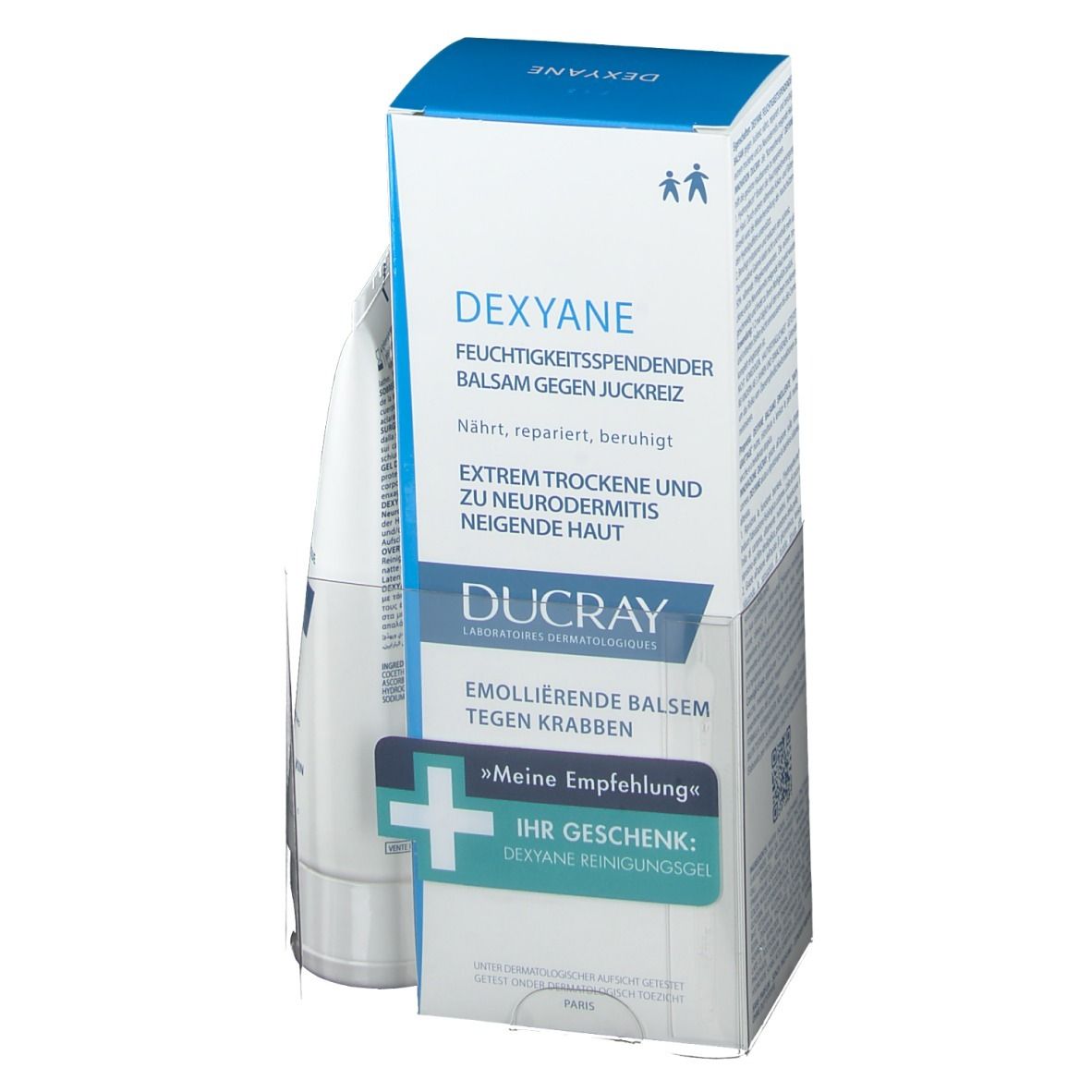 DEXYANE Feuchtigkeitspendender Balsam gegen Juckreiz. Tube und Verpackung. Enthält DUCRAY Logo und Text.