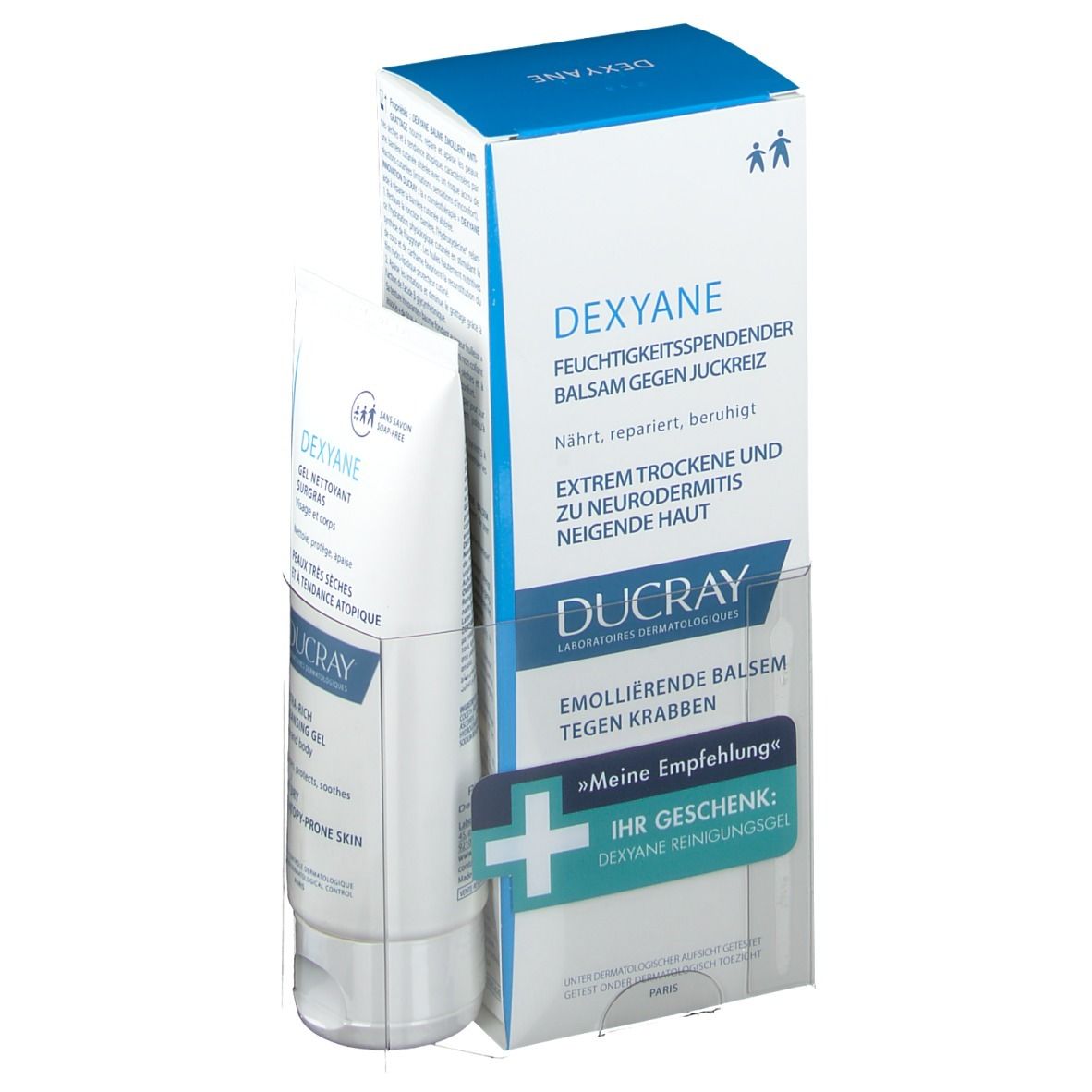 DEXYANE Feuchtigkeitspendender Balsam gegen Juckreiz. Tube und Verpackung. Enthält DUCRAY Logo und Text.