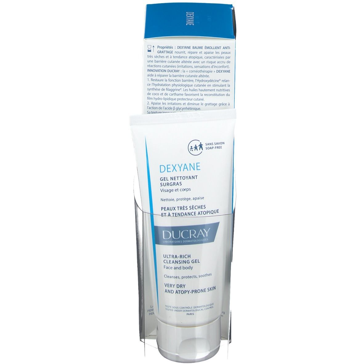 DEXYANE Reinigungs-Gel, Tube und Verpackung. Enthält DUCRAY Logo und Text. Für sehr trockene und zu Atopie neigende Haut.