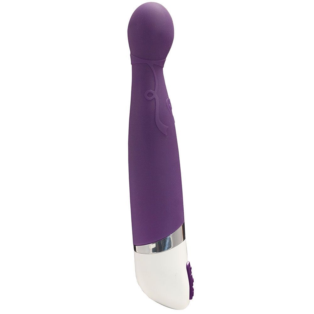 Lila Vibrator. Zylindrischer Körper, abgerundete Spitze. Lila und weiß. Silberfarbene Akzente. Zwei Knöpfe.