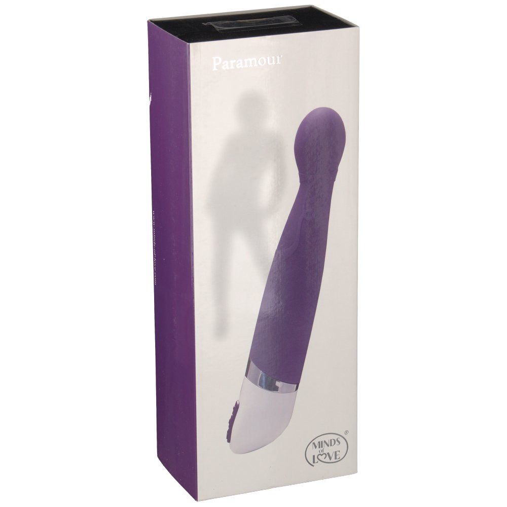 Verpackung mit Vibrator-Illustration. Lila und weiß. Produktname 'Paramour'. Marke 'Minds of Love'.