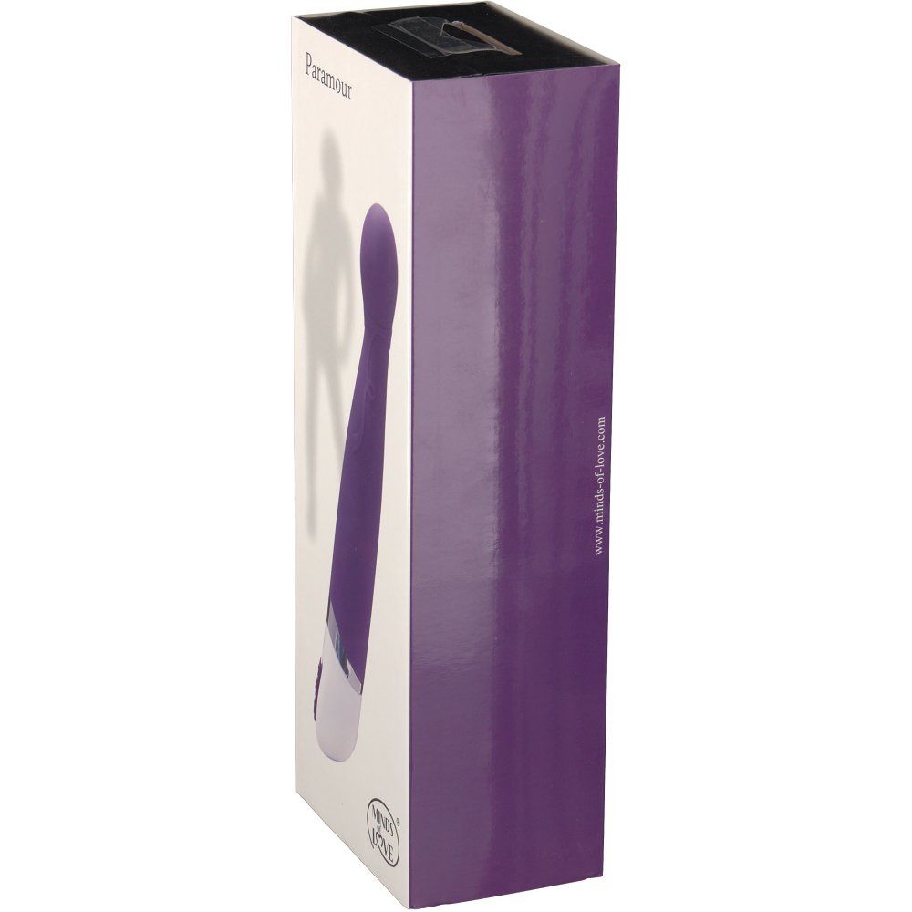 Verpackung, Seitenansicht. Lila und weiß. Produktname 'Paramour'. Marke 'Minds of Love'. Website-Adresse.