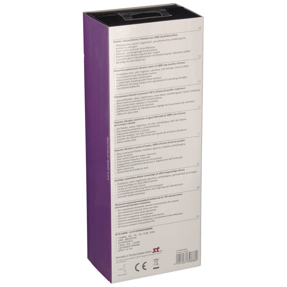 Verpackungsrückseite. Text in mehreren Sprachen. Produktinformationen, Zertifizierungen und Warnhinweise.