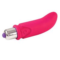 Rosa Vibrator mit silbernem Kopf und lila Spitze. Herzförmiges Design am Körper.
