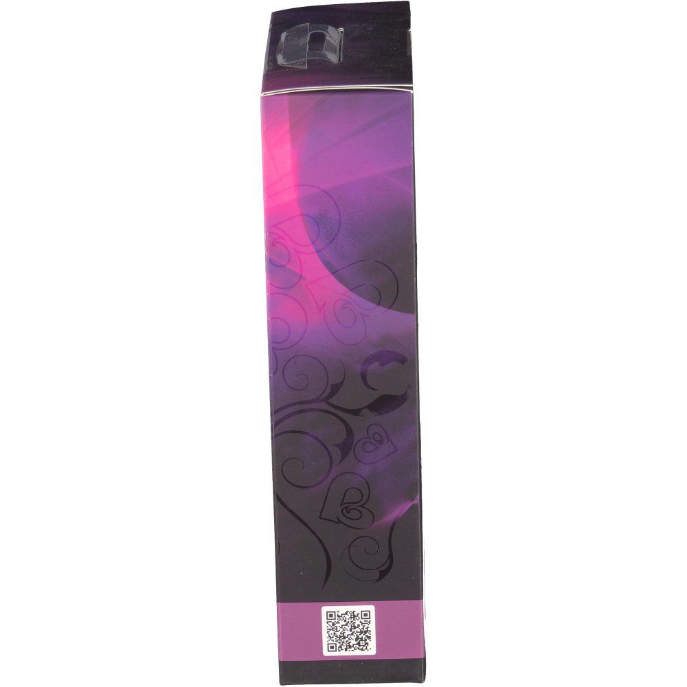 Verpackung des Vibrators. Lila und schwarzes Design mit floralen Mustern und QR-Code.