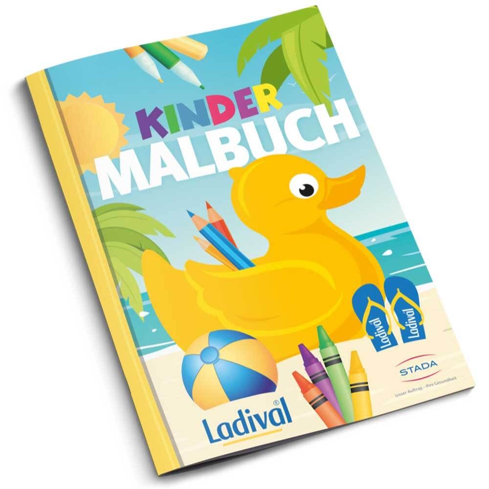 Malbuch mit gelber Ente, Strandmotiv, Stiften und Flip-Flops. Aufschrift: Kinder Malbuch, Ladival, STADA.