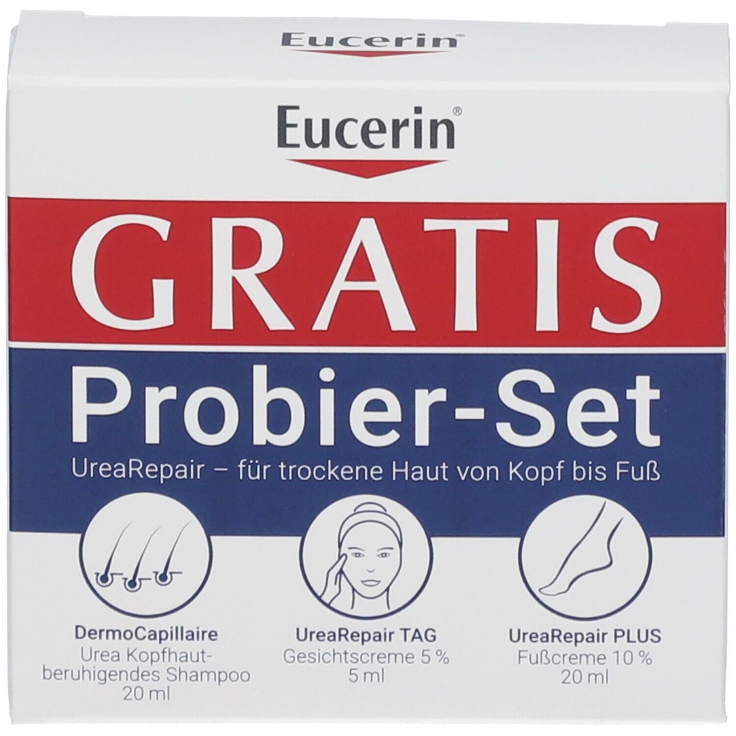 Weißer Karton mit roter und blauer Schrift. Oben: Eucerin-Logo. Schriftzug: GRATIS Probier-Set. Darunter: UreaRepair-Produkte.
