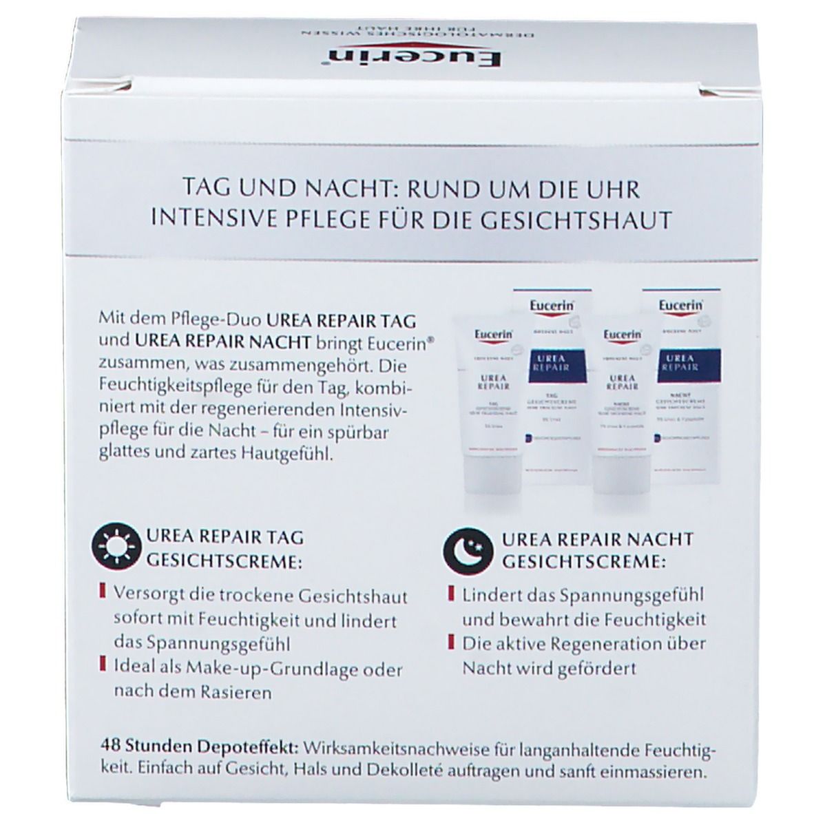 Rückseite der Verpackung. Text: Tag und Nacht: Rund um die Uhr intensive Pflege für die Gesichtshaut. Abbildung von drei Cremes.