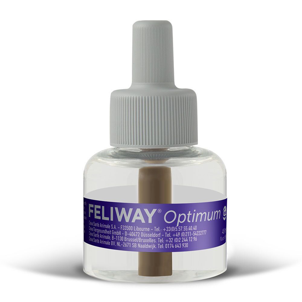 FELIWAY® Optimum Nachfüllflakon. Klarer Behälter mit braunem Docht und grauem Deckel. Produktetikett.