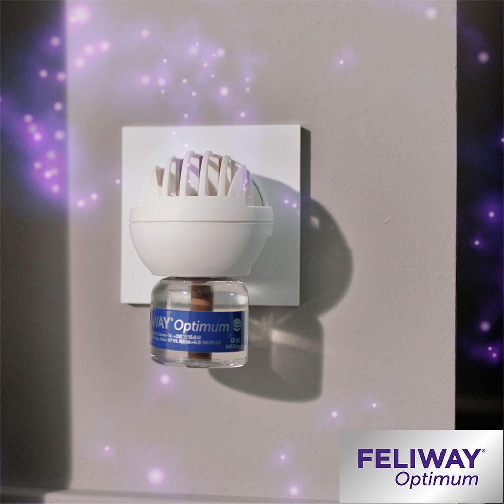FELIWAY® Optimum Diffusor in Wandsteckdose. Weißer Diffusor mit blauem Etikett. Lila Partikel.