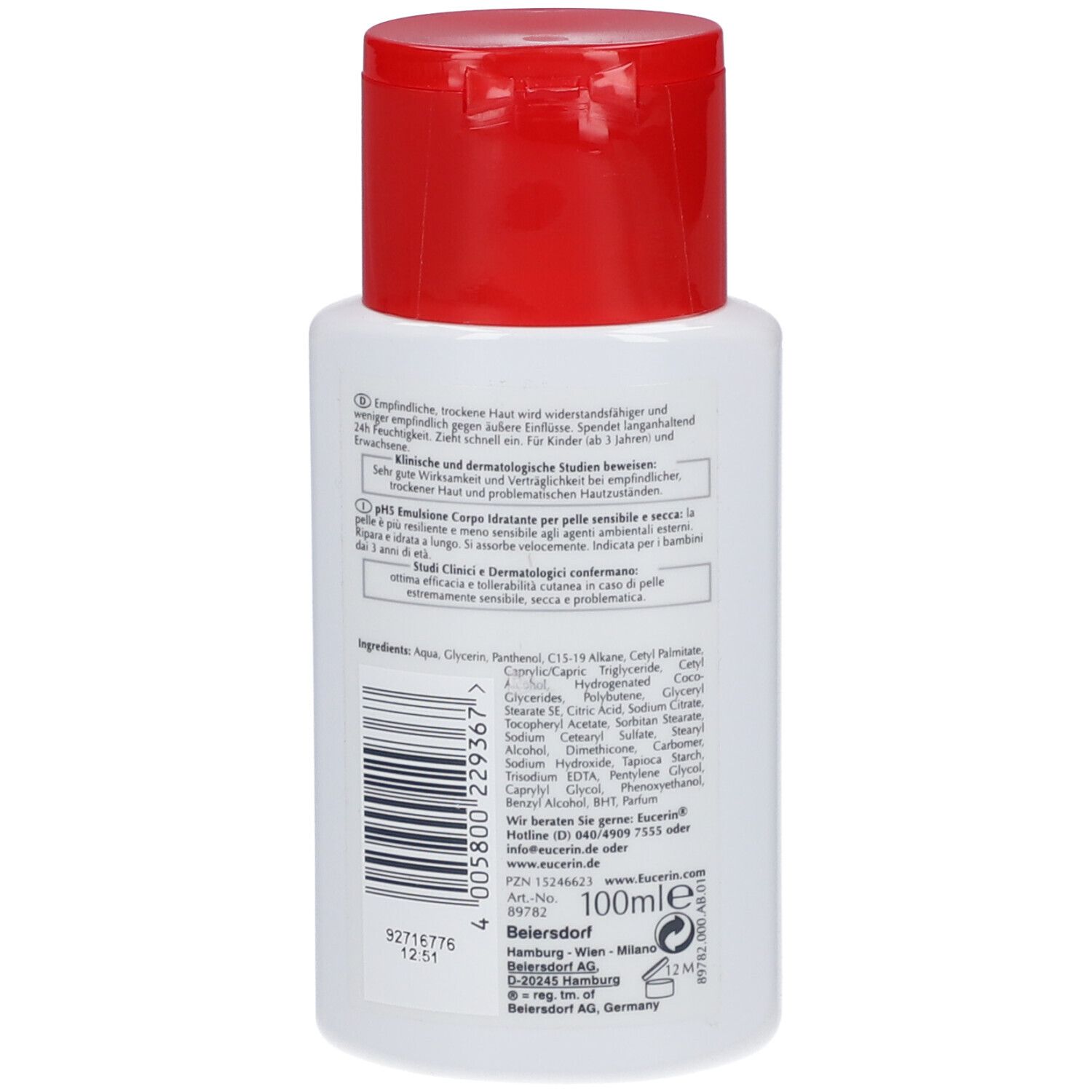 Eucerin pH5 WaschLotion, 100ml Flasche mit rotem Klappdeckel.