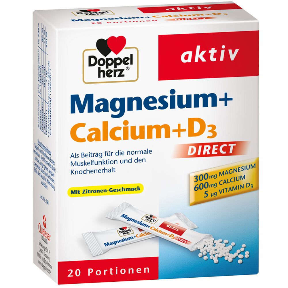 Weißer Karton mit Doppelherz Magnesium + Calcium + D3 DIRECT. Enthält 20 Portionen. Aufschrift: aktiv, Magnesium, Calcium, D3, Zitrone.