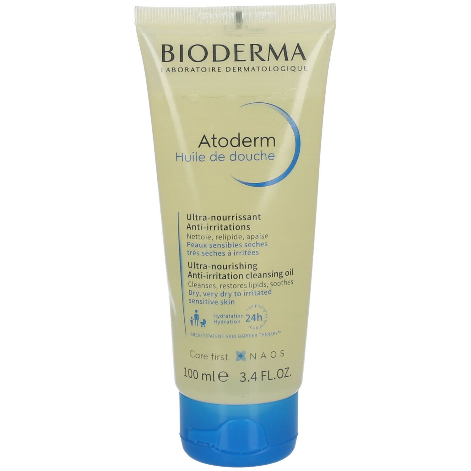 BIODERMA Atoderm Duschöl-Tube. Gelbliche Tube mit blauem Deckel. Text: "Huile de douche", "Ultra-nourrissant".