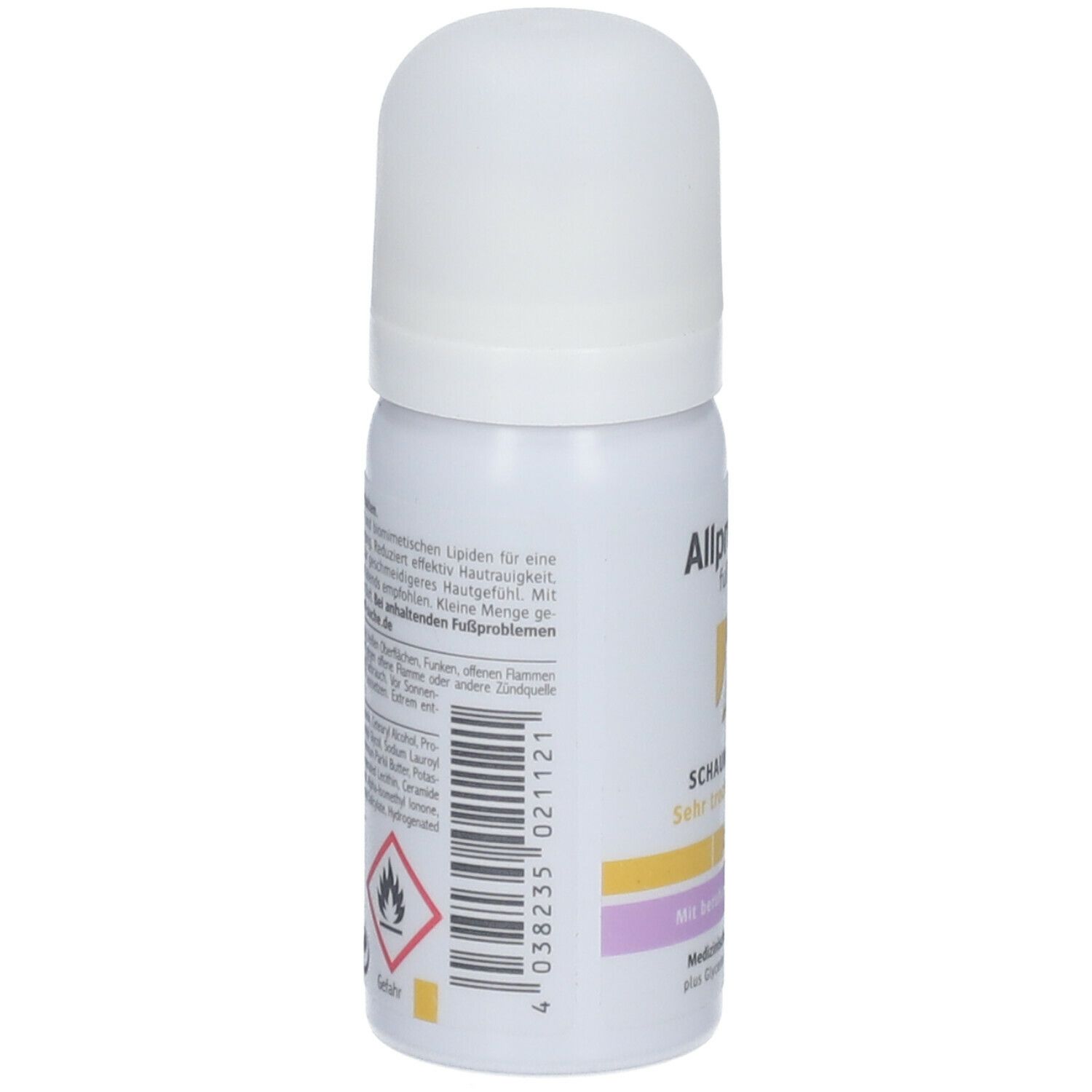 Weiße Sprühflasche, Rückseite mit Text und Barcode. Warnhinweis: leicht entzündlich. Inhaltsstoffe und Herstellerangaben.