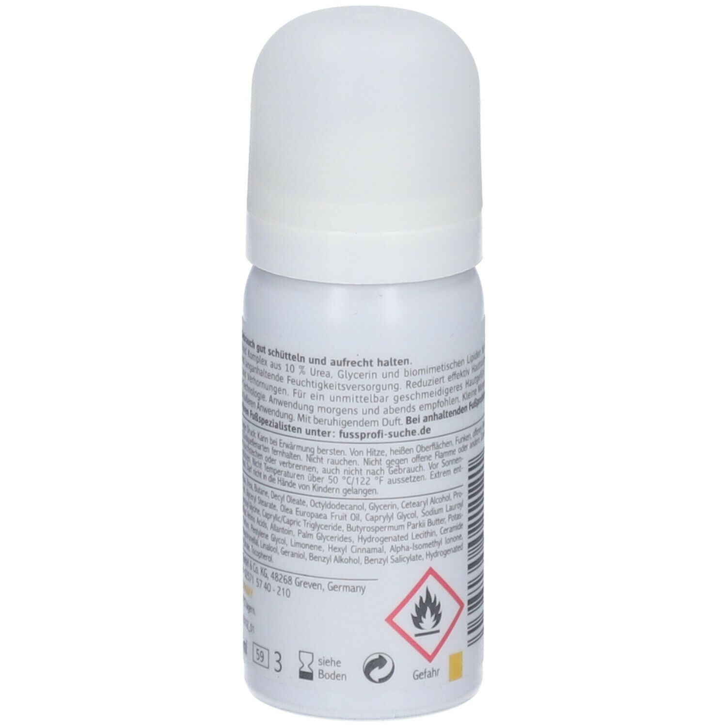 Weiße Sprühflasche, Rückseite mit Text. Warnhinweis: leicht entzündlich. Inhaltsstoffe und Herstellerangaben. Gefahrensymbol.