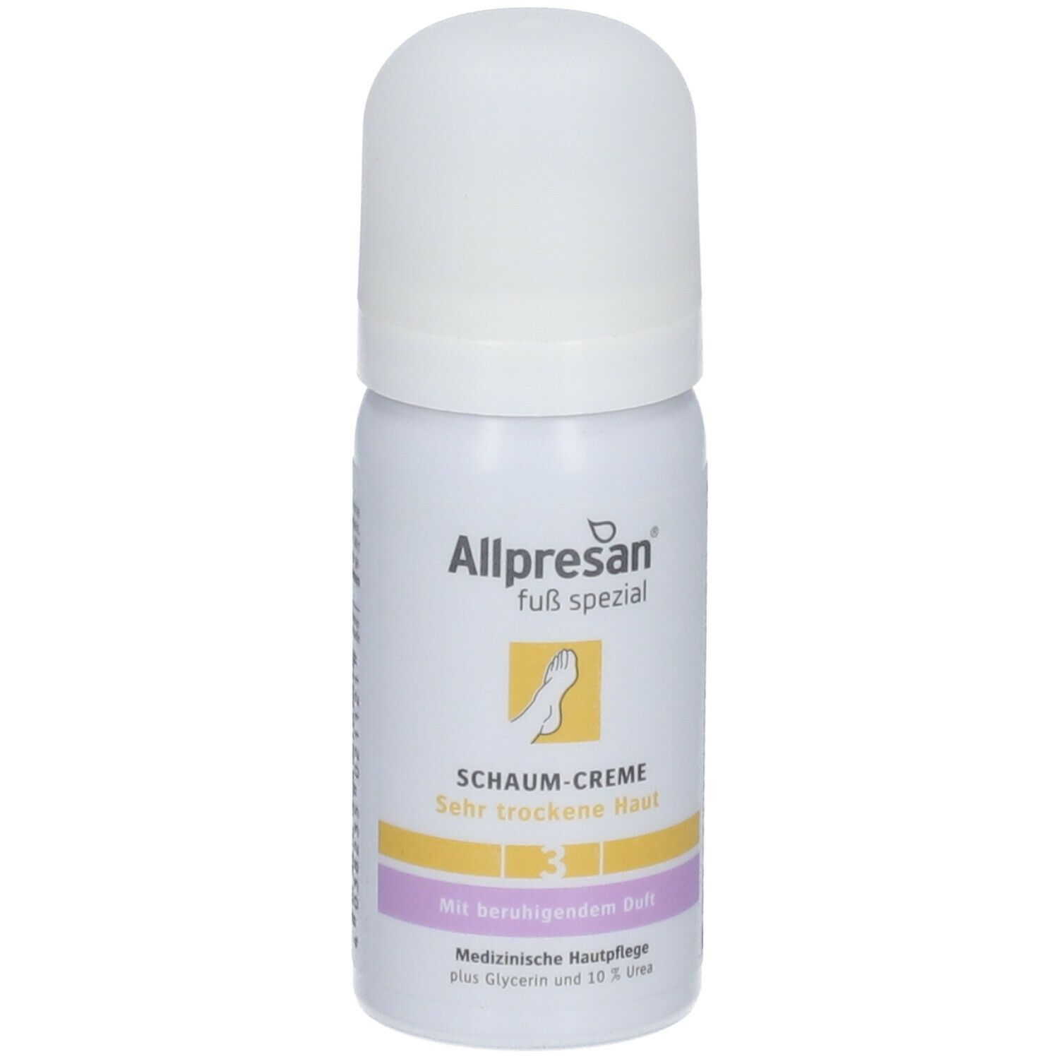 Weiße Sprühflasche mit weißem Deckel. Aufschrift: Allpresan Fuß spezial, Schaum-Creme, Sehr trockene Haut, 3. Medizinische Hautpflege.