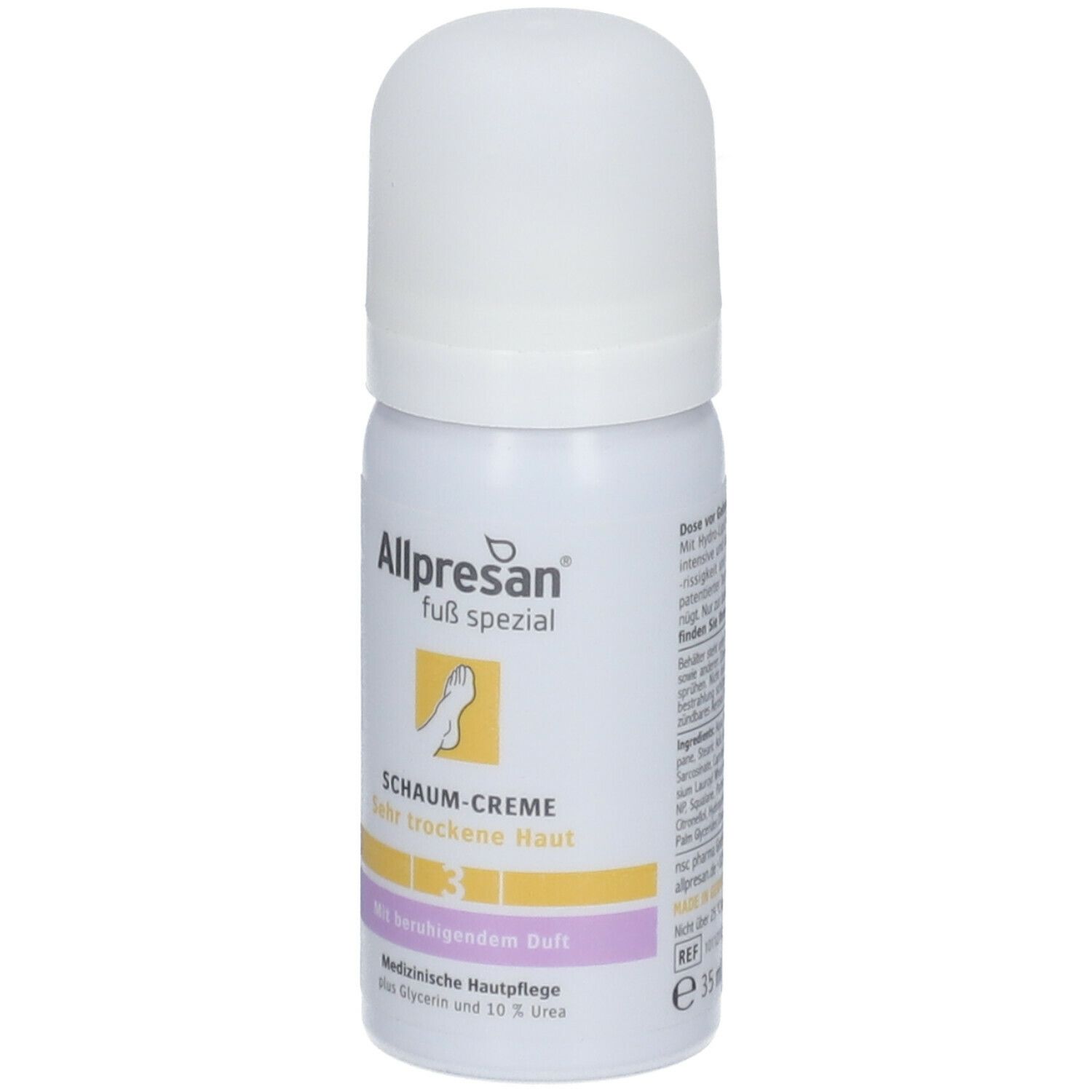 Weiße Sprühflasche mit weißem Deckel. Aufschrift: Allpresan Fuß spezial, Schaum-Creme, Sehr trockene Haut, 3. Medizinische Hautpflege.