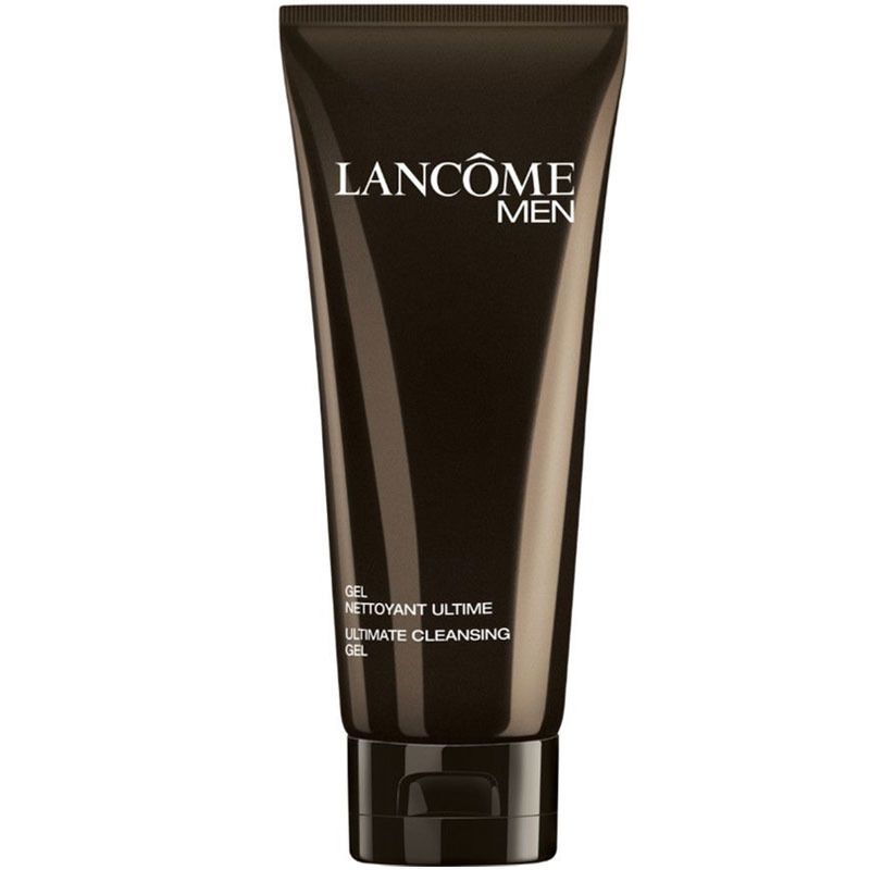 Dunkelbraune Tube mit schwarzem Verschluss. Aufschrift: LANCÔME MEN, darunter: GEL NETTOYANT ULTIME, ULTIMATE CLEANSING GEL.