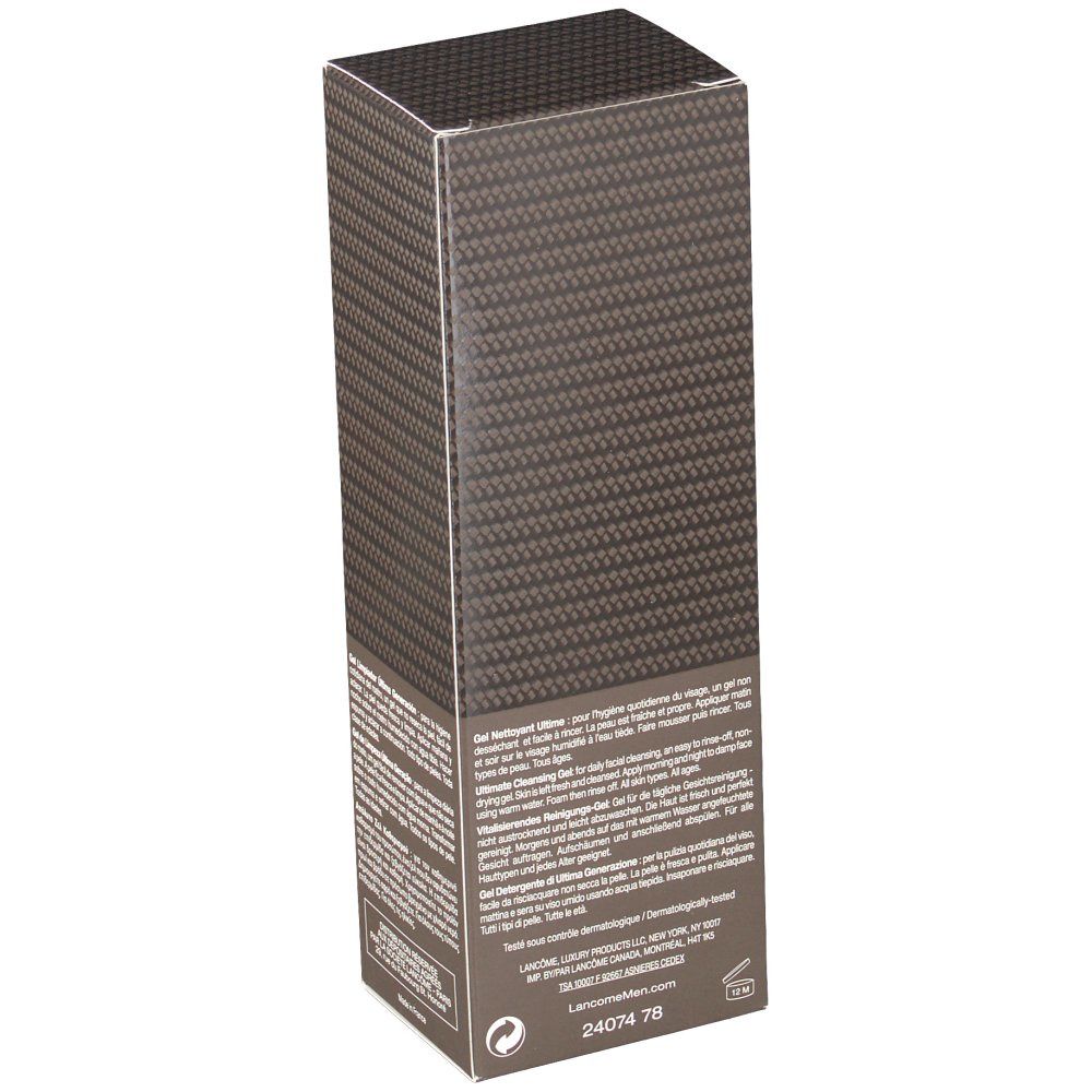 Kartonverpackung mit Karbonmuster. Text auf der Rückseite, darunter: LANCÔME. Unten: 24074 78.