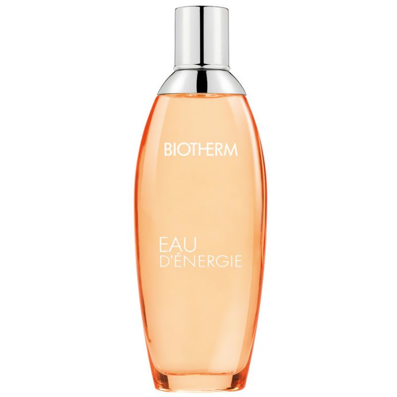 Orangefarbene Flasche mit silbernem Verschluss. Aufschrift: BIOTHERM, EAU D'ENERGIE.