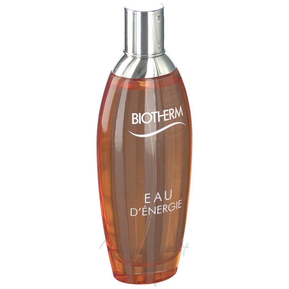 Orangefarbene Flasche mit silbernem Verschluss. Aufschrift: BIOTHERM, EAU D'ENERGIE.