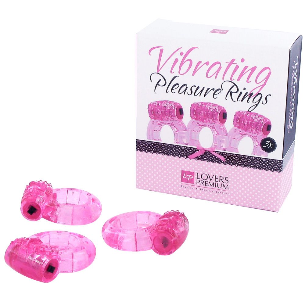 Drei Vibrationsringe, pink, mit Verpackung. Aufschrift: Vibrating Pleasure Rings, 3x. Marke: Lovers Premium.