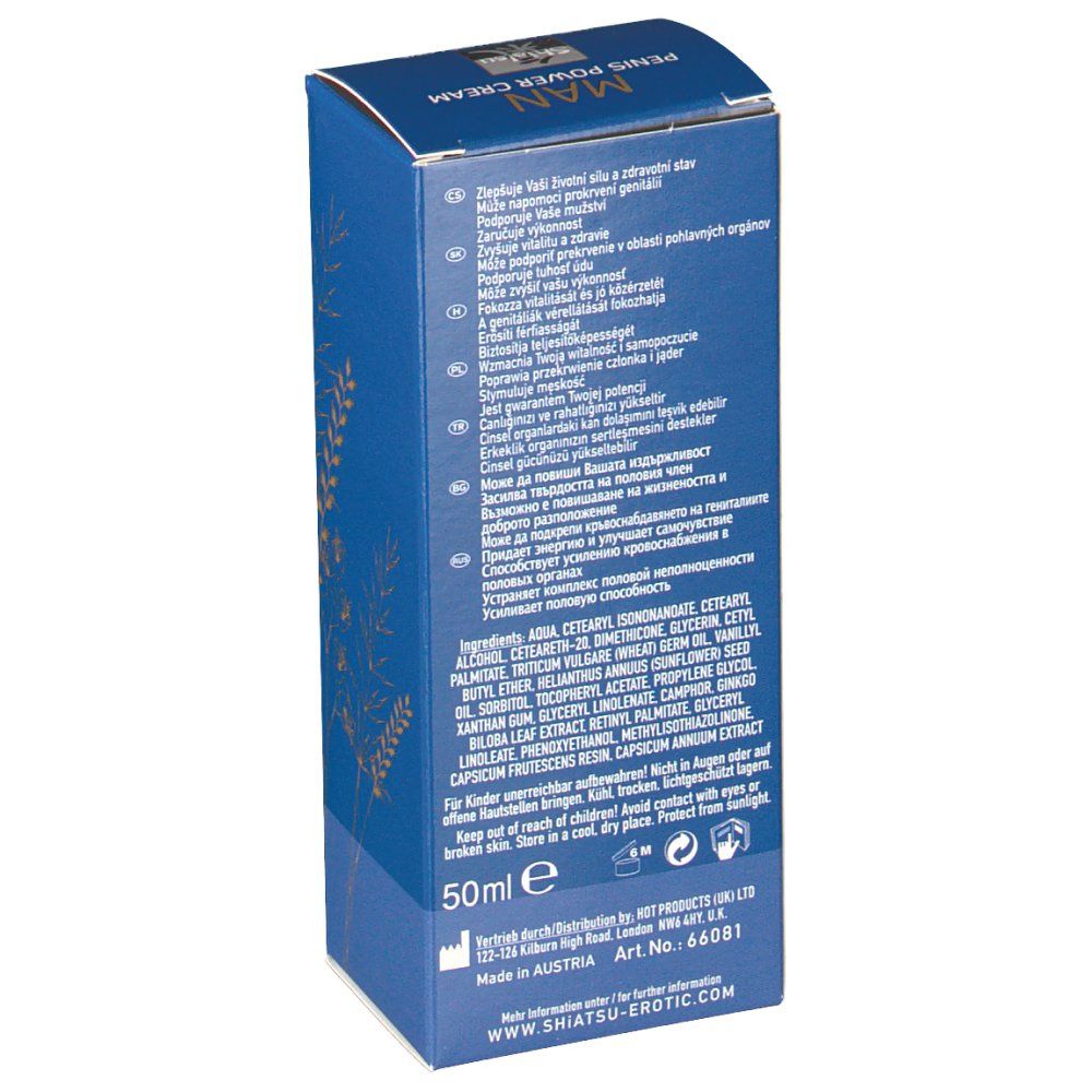 Rückseite der blauen Schachtel. Text in mehreren Sprachen. Zutatenliste. 50ml.