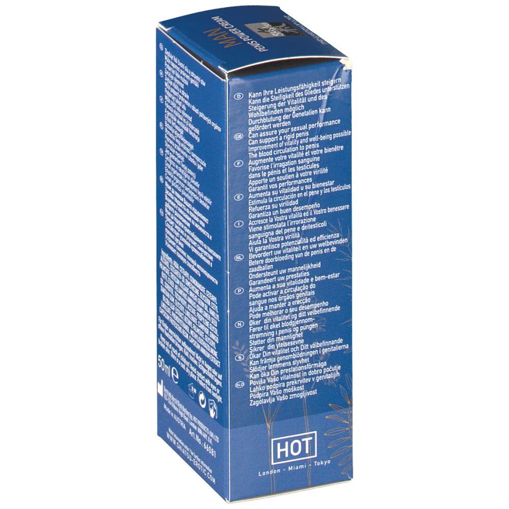 Rückseite der blauen Schachtel. Text in mehreren Sprachen. Marke: HOT. 50ml.