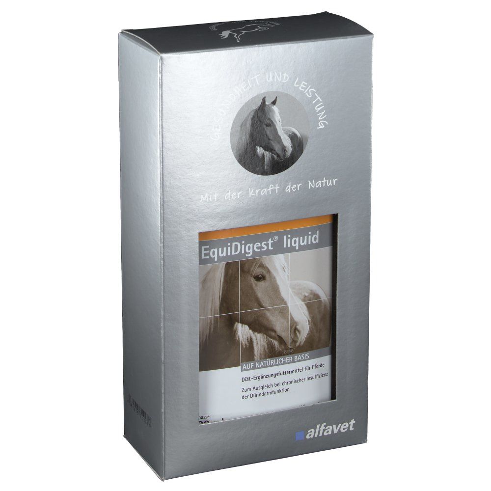 Silberne Verpackung mit Fenster. Darin: EquiDigest liquid. Text: Gesundheit und Leistung, Mit der Kraft der Natur, alfafet.
