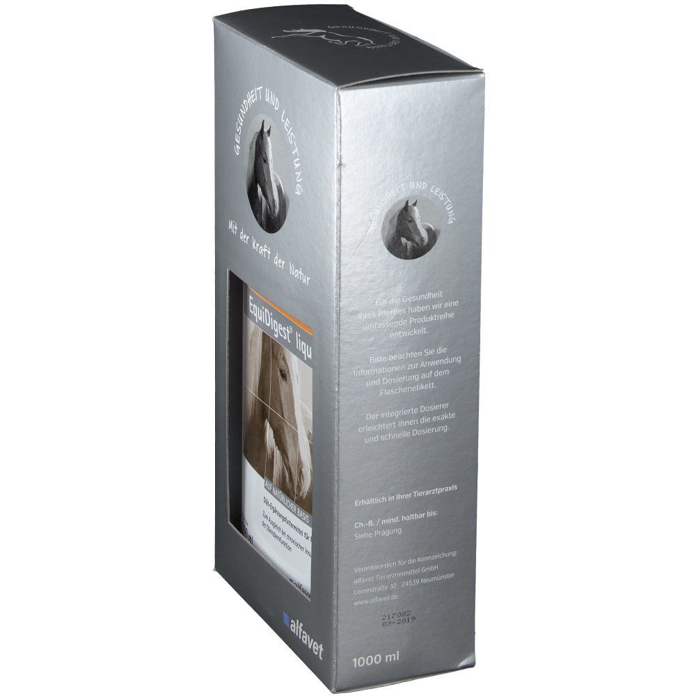 Silberne Verpackung mit Fenster. EquiDigest liquid sichtbar. Text: Gesundheit und Leistung, Mit der Kraft der Natur, alfafet. 1000 ml.