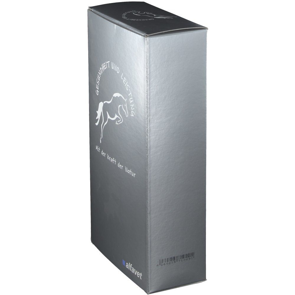 Silberne Verpackung. Text: Gesundheit und Leistung, Mit der Kraft der Natur, alfafet. Barcode. Verpackung für EquiDigest liquid.
