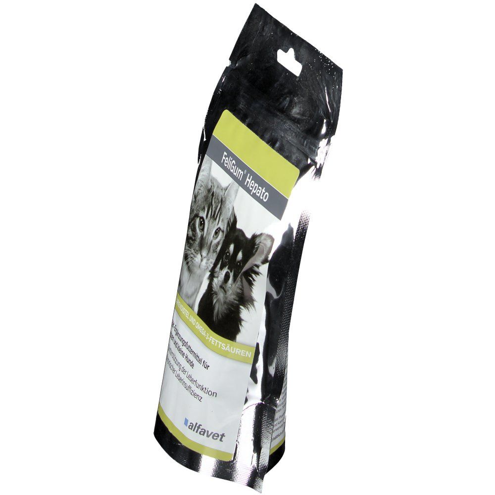 Schräg gestellter Beutel mit FeliGum Hepato. Katze und Hund auf der Vorderseite. Alfavet-Logo unten rechts.
