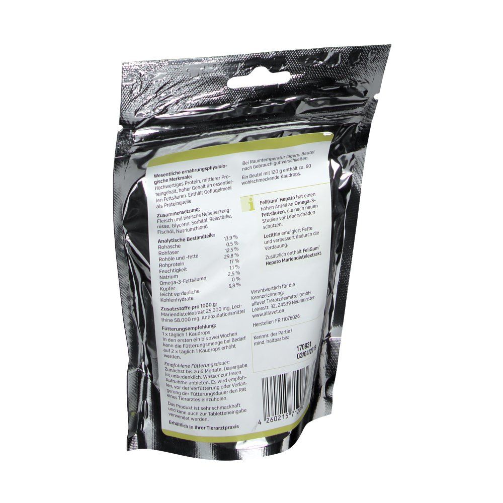 Rückseite des Beutels mit FeliGum Hepato. Zutatenliste und Nährwertangaben. Alfavet-Logo unten links.