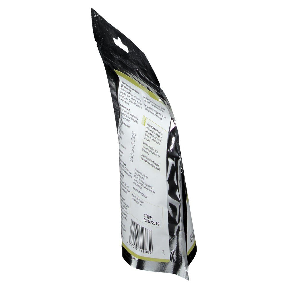 Schräg gestellte Rückseite des Beutels. Zutatenliste und Nährwertangaben. Alfavet-Logo unten links.