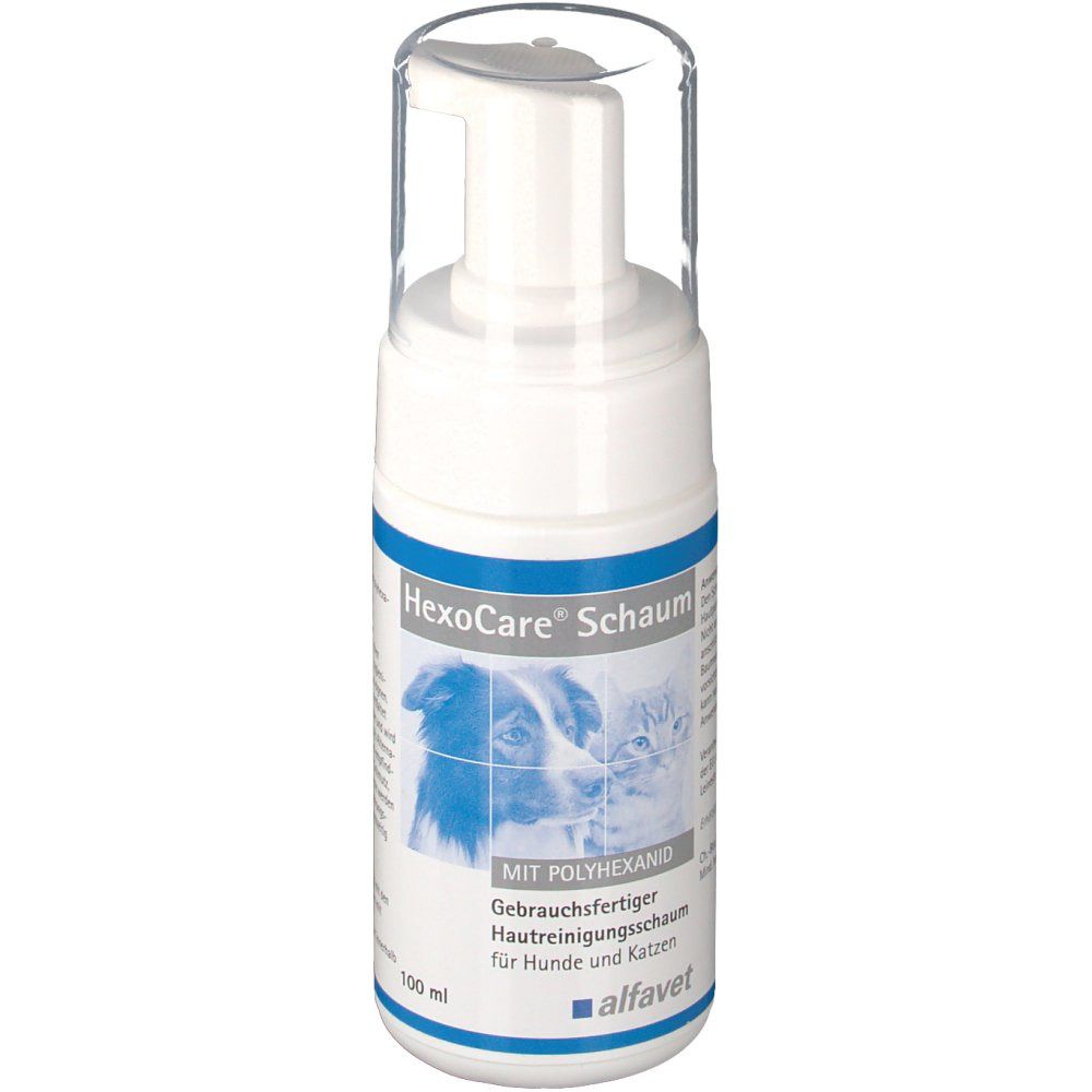 Weiße Flasche mit Sprühkopf. Aufschrift: HexoCare Schaum für Hunde und Katzen. Illustration von Hund und Katze.