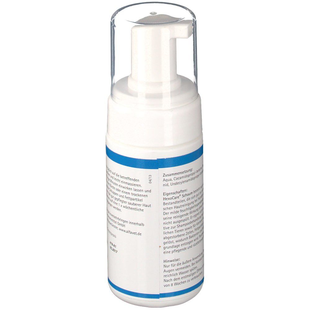 Weiße Flasche, Seitenansicht. Textabschnitte in deutscher Sprache. Zusammensetzung und Eigenschaften des Produkts.