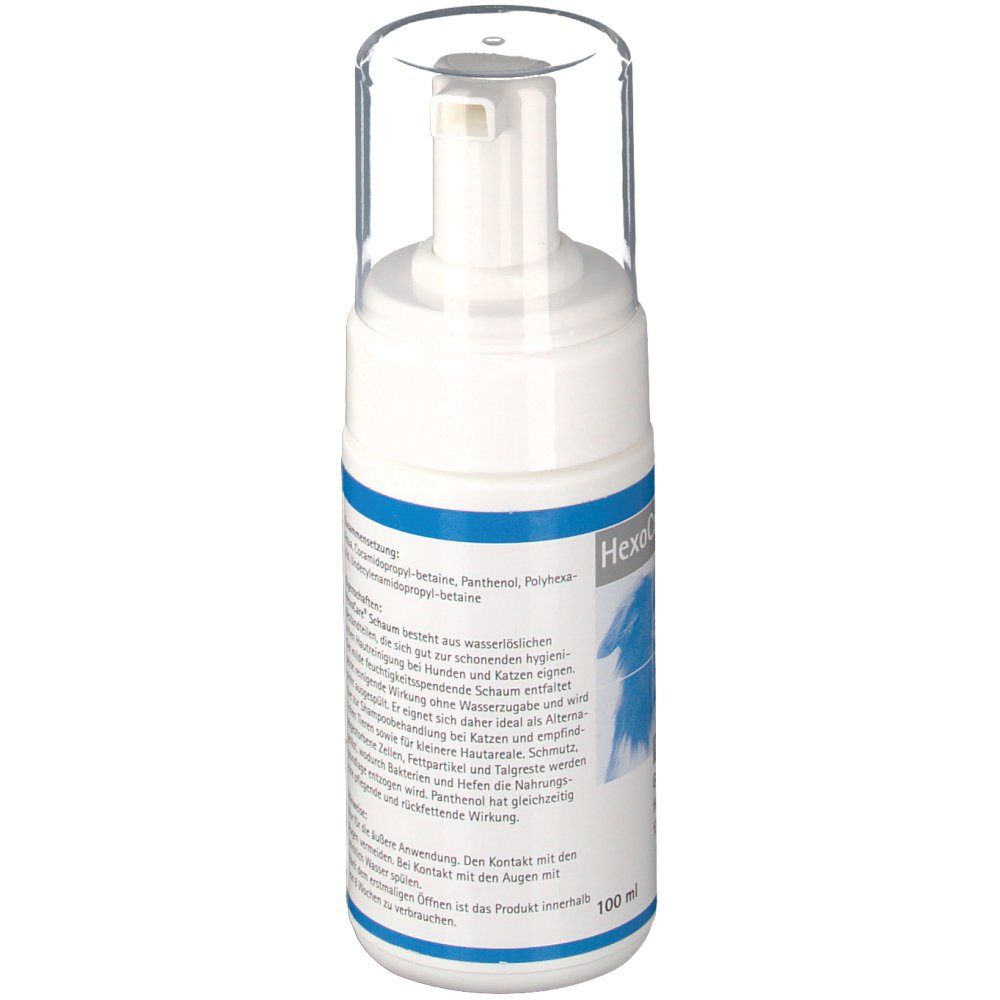 Weiße Flasche, Seitenansicht. Textabschnitte in deutscher Sprache. Produktinformationen und Anwendungshinweise.