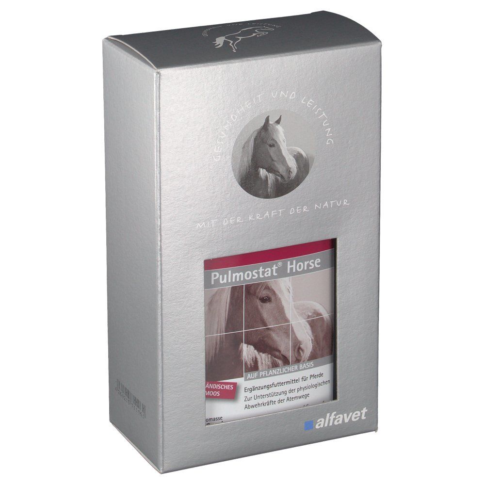 Silberne Verpackung mit Produktnamen Pulmostat® Horse. Aufdrucke: Pferd, alfavet-Logo, Ergänzungsfuttermittel für Pferde.