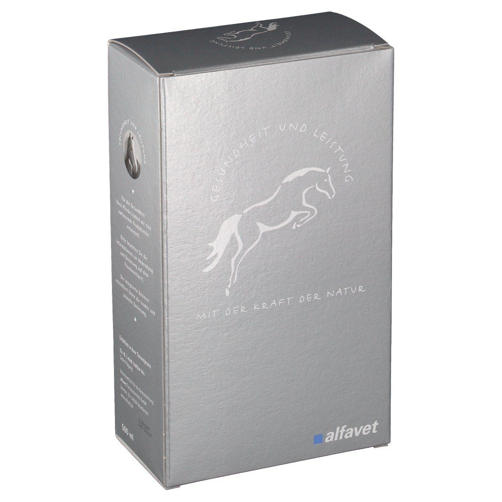 Silberne Verpackung mit Pferd-Illustration. Aufdrucke: alfavet-Logo, Schriftzug 'GESUNDHEIT UND LEISTUNG'.