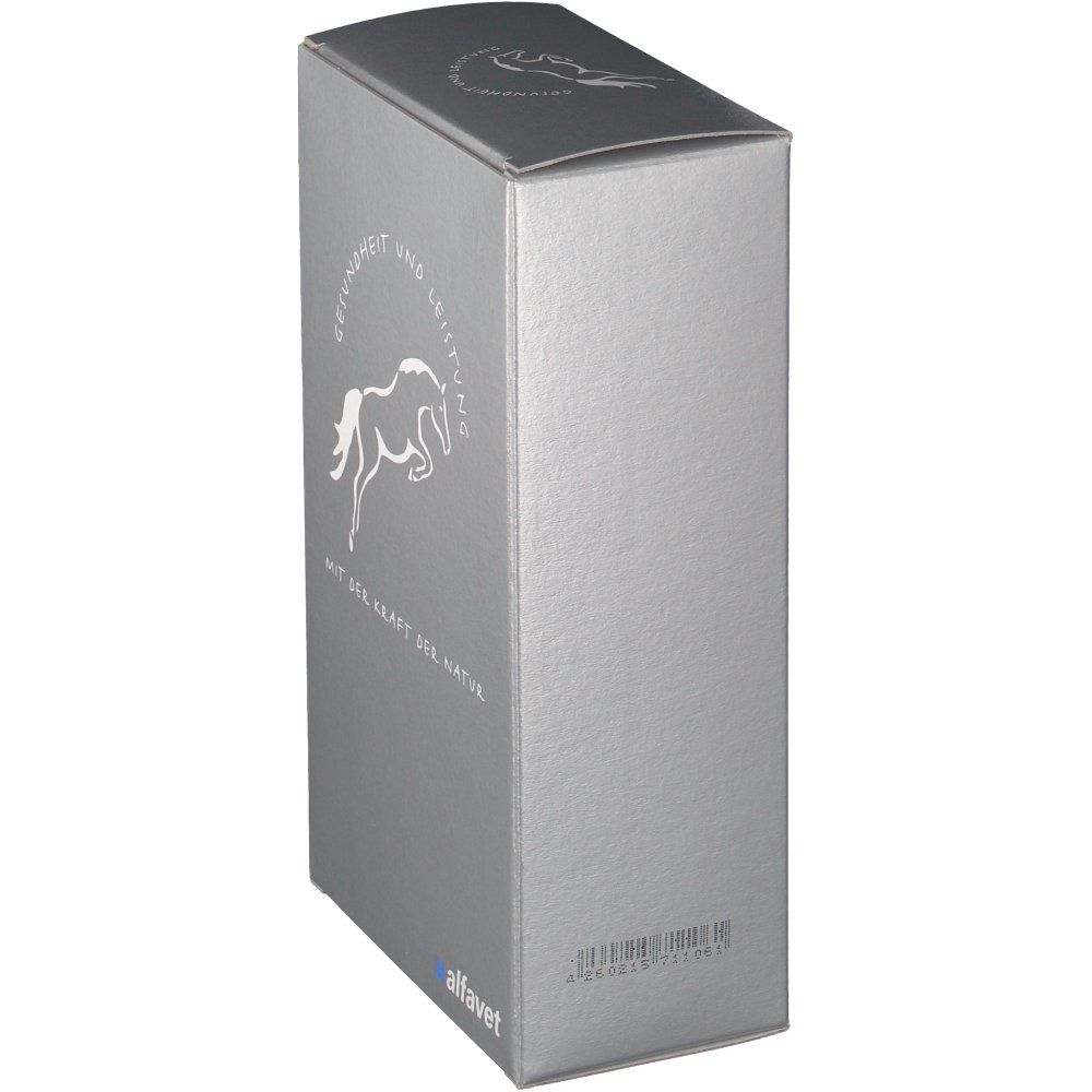 Silberne Verpackung mit Pferd-Illustration. Aufdrucke: alfavet-Logo, Barcode.