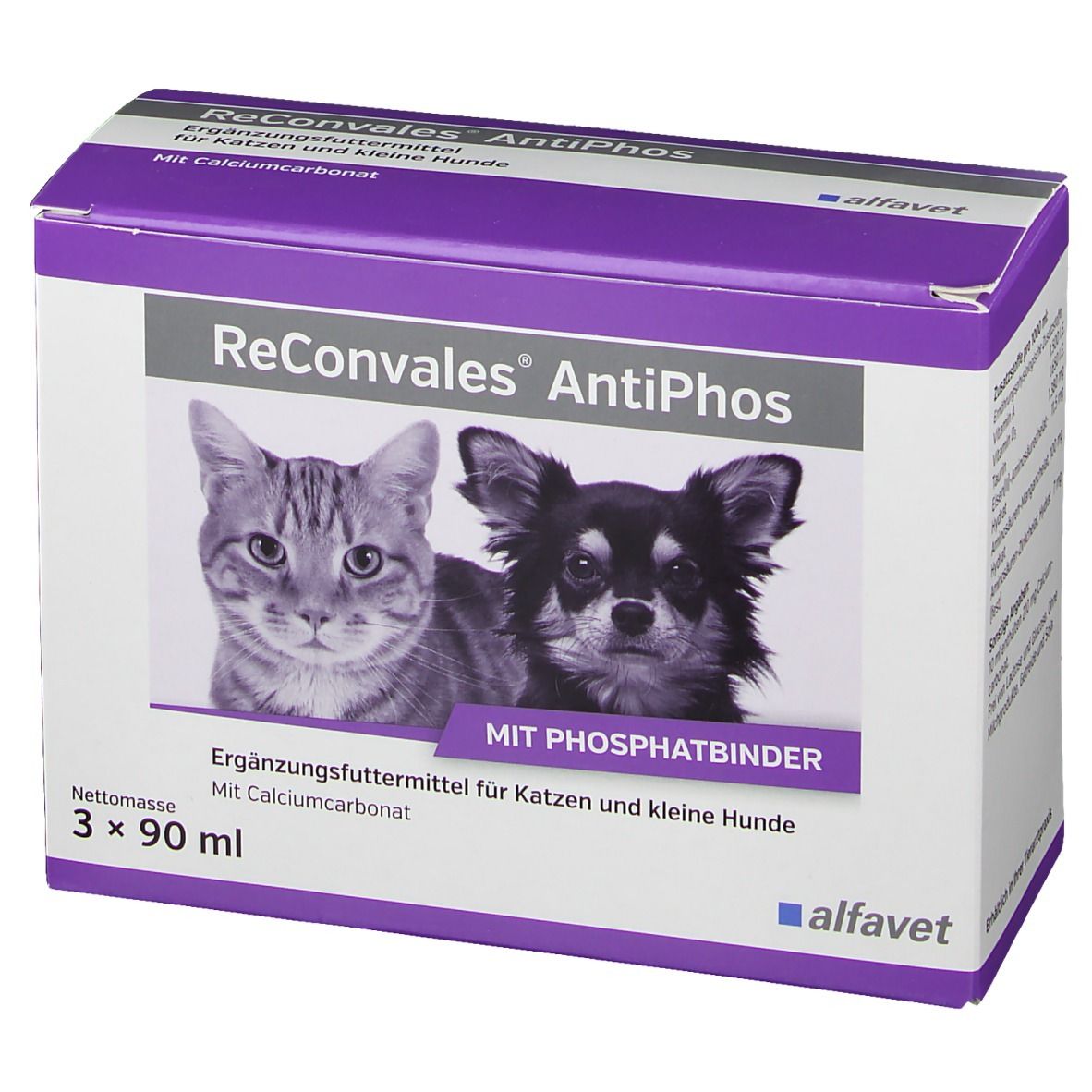 Karton ReConvales® AntiPhos mit Katze und Hund. Ergänzungsfuttermittel für Katzen und kleine Hunde. Mit Calciumcarbonat.