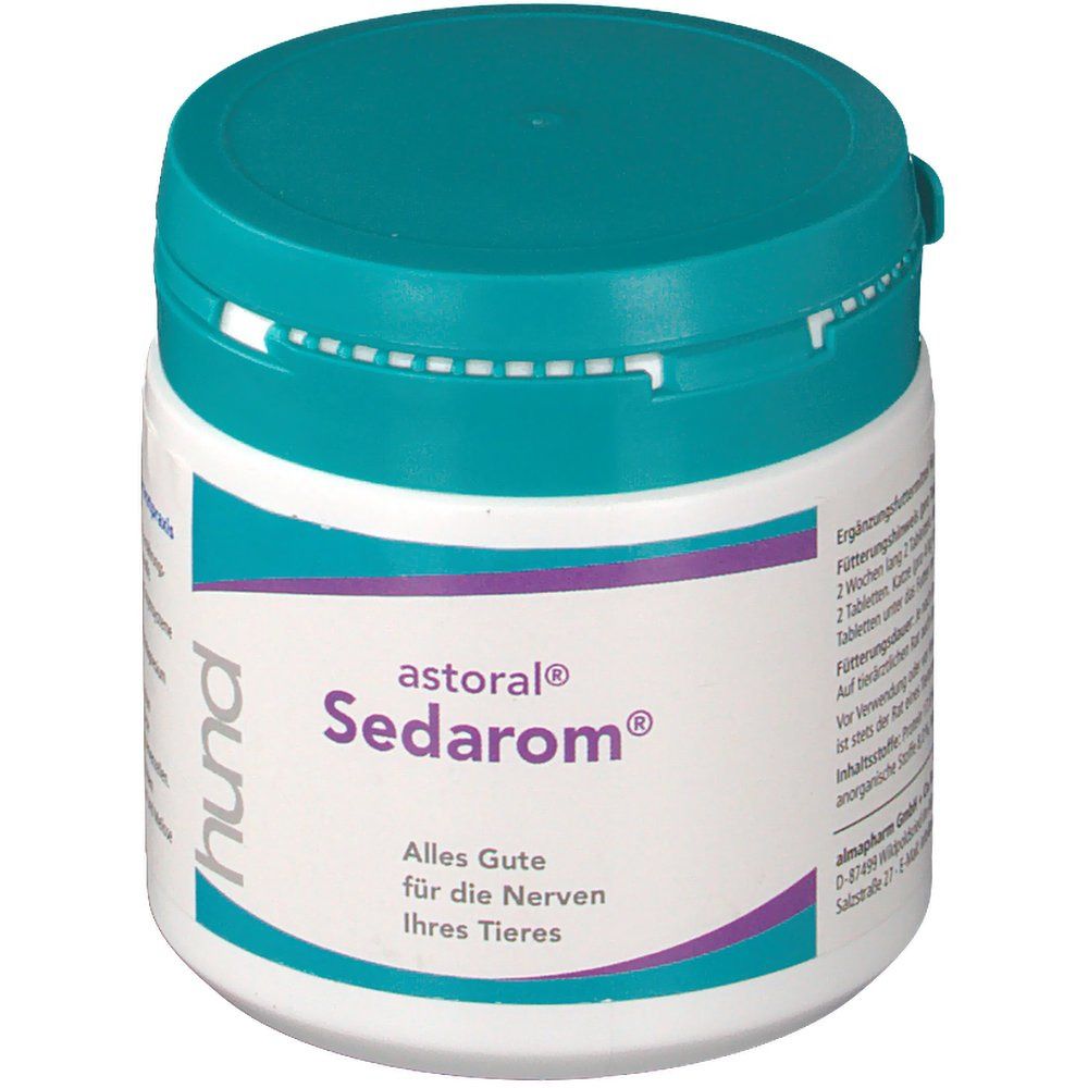Weiße Dose mit türkis Deckel. Aufschrift: astoral® Sedarom®. Text: Alles Gute für die Nerven Ihres Tieres.