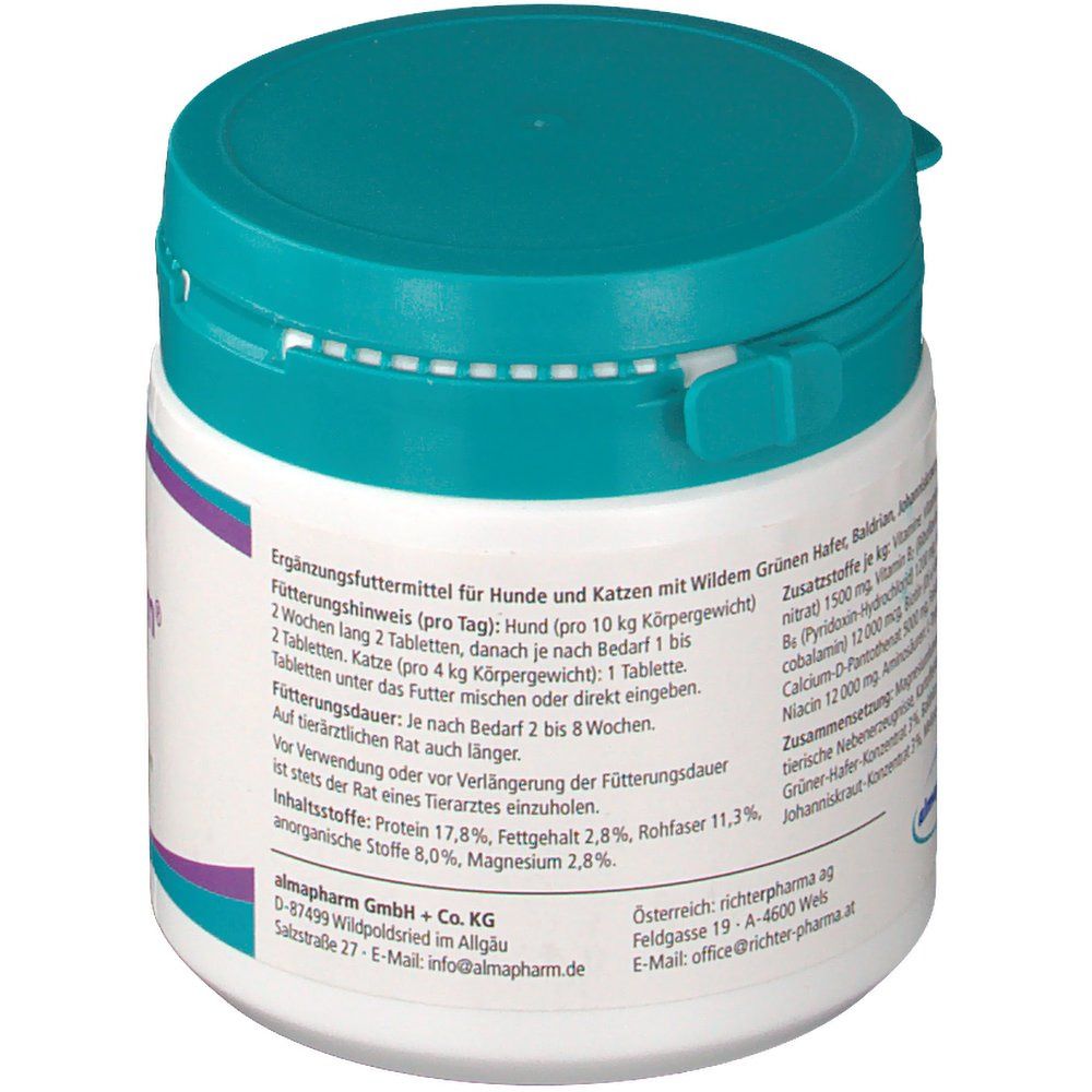 Weiße Dose mit türkis Deckel. Text: Ergänzungsfuttermittel für Hunde und Katzen. Inhaltsstoffe und Fütterungshinweise.