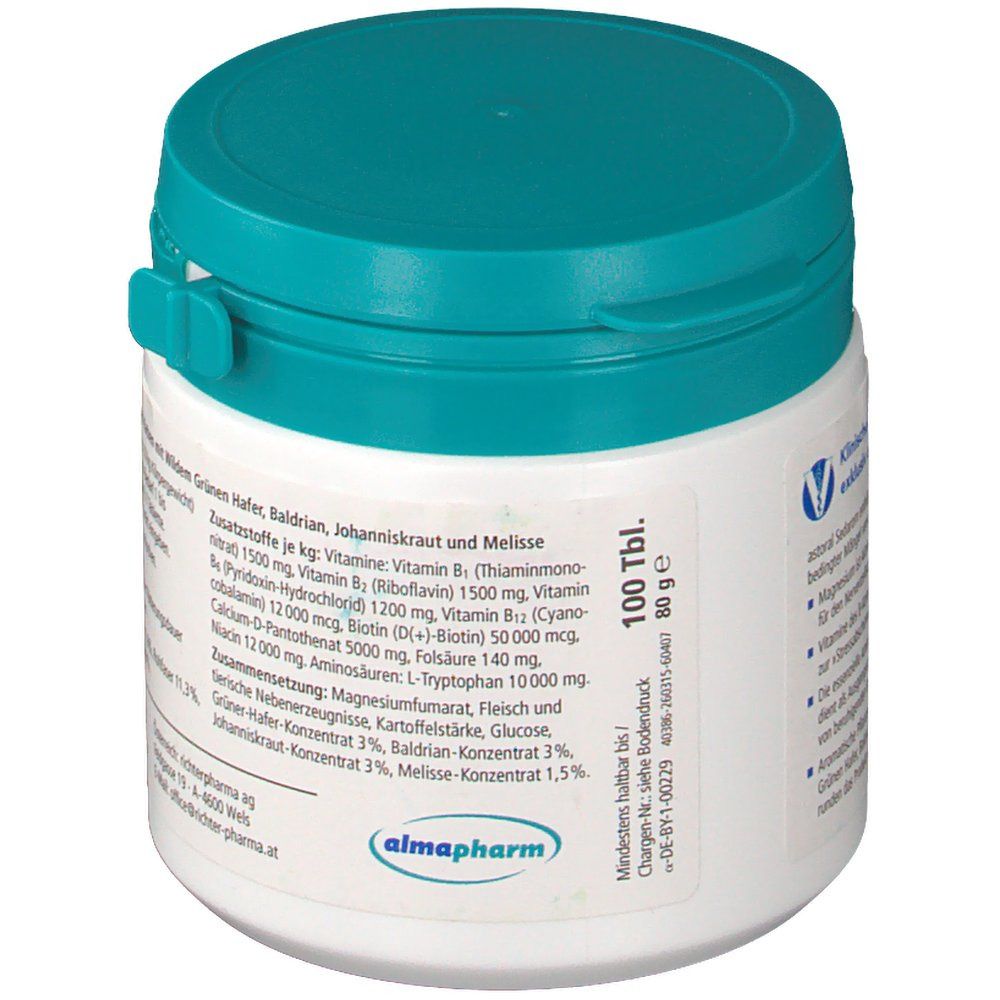 Weiße Dose mit türkis Deckel. Aufschrift: 100 Tbl. 80 g. Text: Inhaltsstoffe wie Grünem Hafer, Baldrian, Johanniskraut und Melisse.
