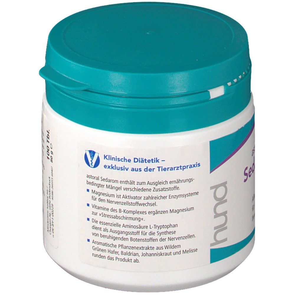Weiße Dose mit türkis Deckel. Text: Klinische Diätetik - exklusiv aus der Tierarztpraxis. Text: astoral Sedarom.