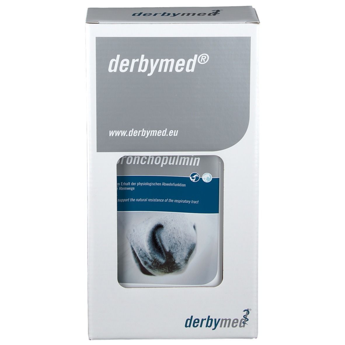 Weißer Karton mit derbymed® und Bronchopulmin. Produktabbildung und Text.